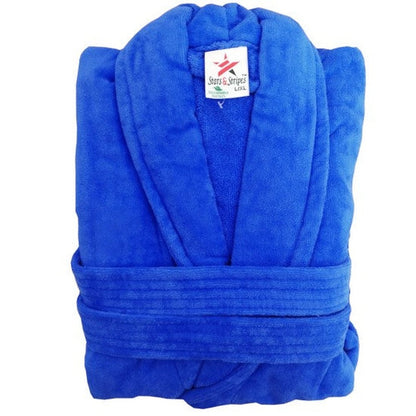 A blue plush bathrobe is folded neatly, displaying a "Sears & Stripes" label and size L/XL tag.