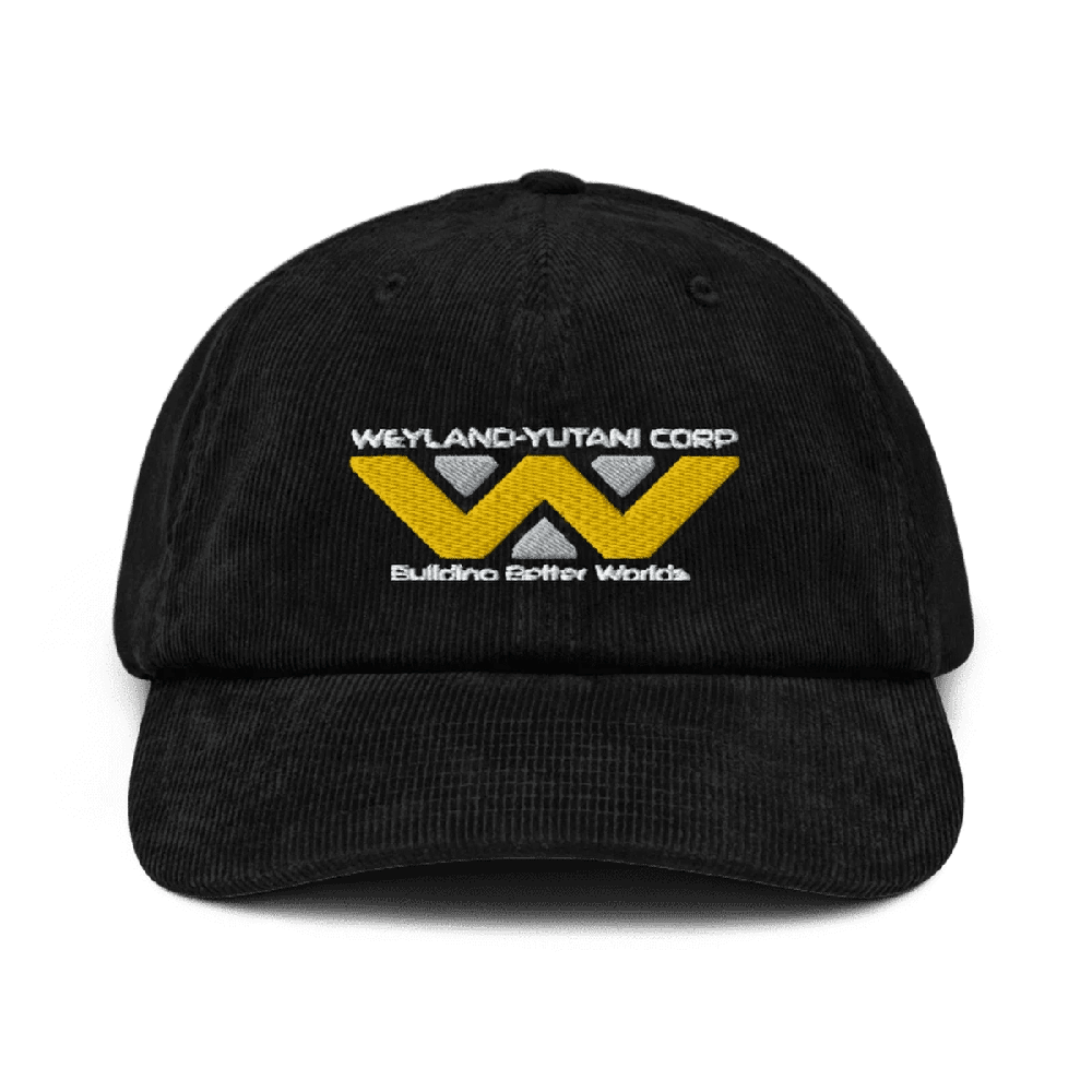 A black baseball cap features an embroidered Weyland-Yutani Corp logo with the text "Building Better Worlds" underneath.