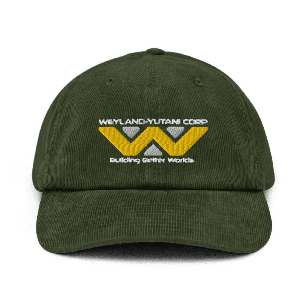 A green baseball cap features an embroidered Weyland-Yutani Corp logo with the tagline "Building Better Worlds.