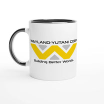 A white mug features the Weyland-Yutani Corporation logo and tagline "Building Better Worlds" in yellow and black lettering.