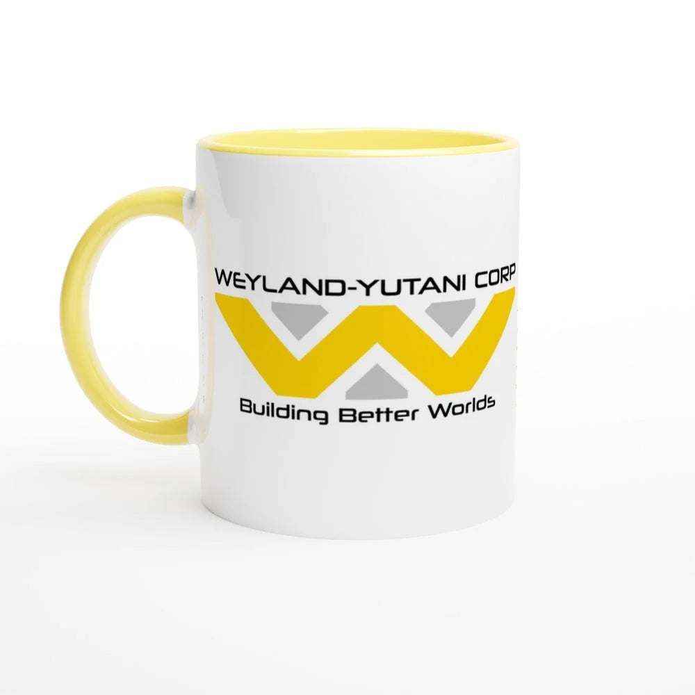 A white mug features the Weyland-Yutani Corporation logo and slogan "Building Better Worlds" in yellow lettering.