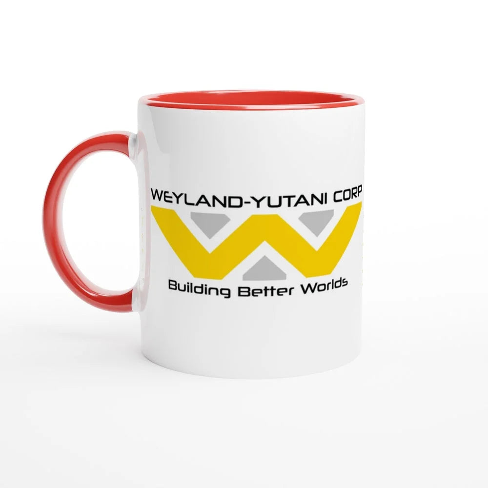 A white mug features a red handle and rim, displaying the Weyland-Yutani Corporation logo and the phrase "Building Better Worlds.
