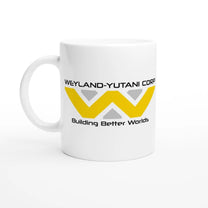 A white mug displays the Weyland-Yutani Corporation logo featuring a yellow "W" and the words "Weyland-Yutani Corp" and "Building Better Worlds.