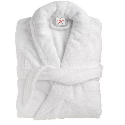 A white Stardew Valley embroidered bathrobe is draped open to display its fluffy texture and tie closure.