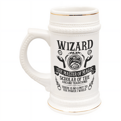 A white ceramic tankard features gold accents and displays "Wizard" along with magical imagery related to D&D character classes.