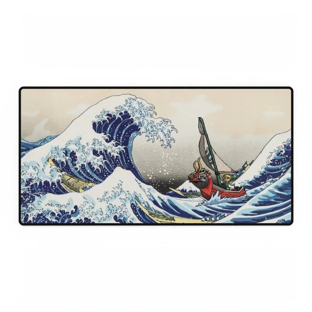 Link from The Legend of Zelda: Wind Waker sails a small boat through a stylized depiction of Japan's Great Wave.