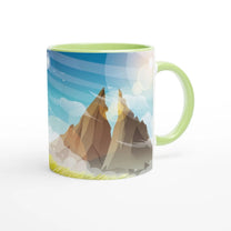 An 11oz mug features a stylized illustration of mountains under a cloudy sky inspired by The Legend of Zelda.