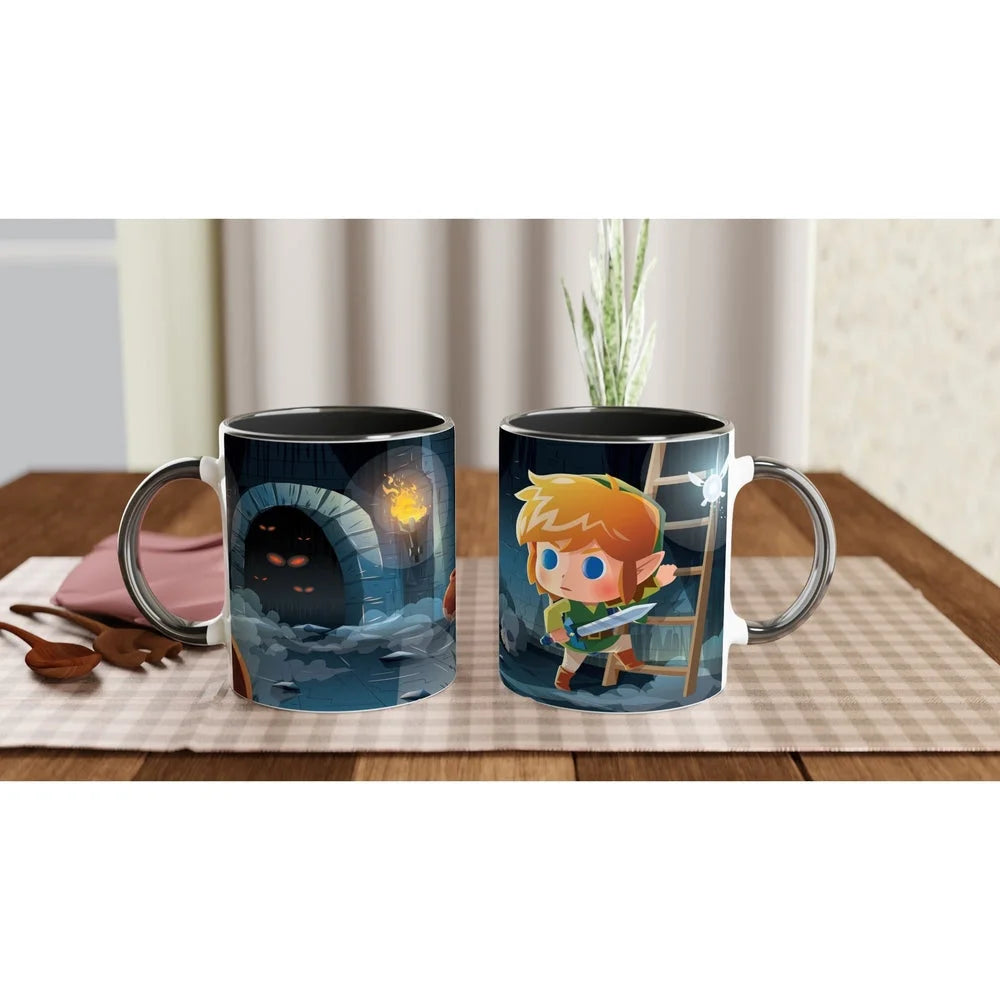 A white mug displays a chibi Link character from The Legend of Zelda: Breath of the Wild (BOTW) and Tears of the Kingdom (TOTK), alongside a fairy in a dungeon setting.